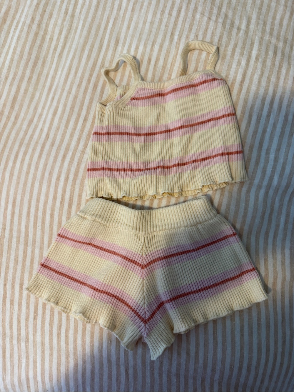 Striped Knit Ribbed Shorts in Cream and Pink - Kids